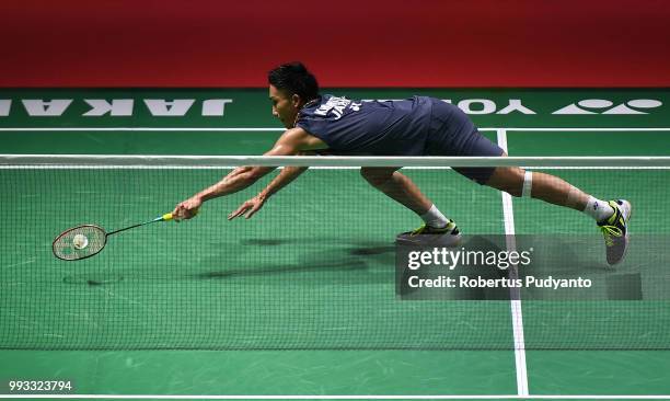 Kento Momota of Japan competes against Lee Chong Wei of Malaysia during the Men's Singles Semi-final match on day five of the Blibli Indonesia Open...