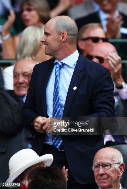 Former cricketer Andrew Strauss attends day six of the Wimbledon Lawn Tennis Championships at All England Lawn Tennis and Croquet Club on July 7,...