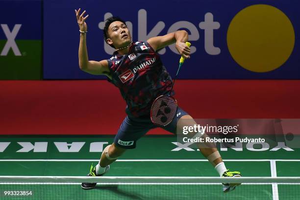 Kento Momota of Japan competes against Lee Chong Wei of Malaysia during the Men's Singles Semi-final match on day five of the Blibli Indonesia Open...