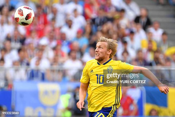 Sweden's midfielder Emil Forsberg eyes the ball during the Russia 2018 World Cup quarter-final football match between Sweden and England at the...