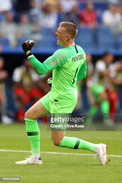 Jordan Pickford of England celebrates after teammate Harry Maguire scores their team's first goal during the 2018 FIFA World Cup Russia Quarter Final...