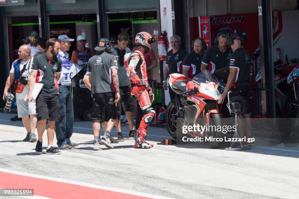 Jordi Torres of Spain and MV Augusta Reparto Corse returns in box during the Race 1 during the WorldSBK Riviera di Rimini - Qualifying on July 7,...