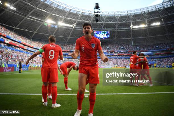 Harry Maguire of England celebrates with teammates after scoring his team's first goal during the 2018 FIFA World Cup Russia Quarter Final match...