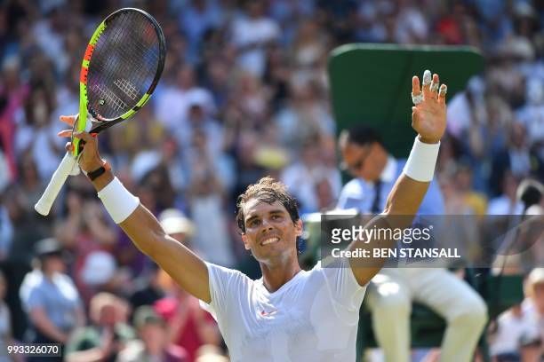 Spain's Rafael Nadal celebrates after winning against Australia's Alex De Minaur during their men's singles third round match on the sixth day of the...