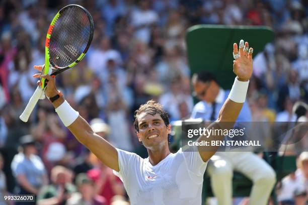 Spain's Rafael Nadal celebrates after winning against Australia's Alex De Minaur during their men's singles third round match on the sixth day of the...