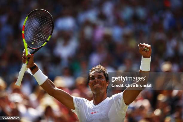 Rafael Nadal of Spain celebrates match point against Alex De Minaur of Australia during their Men's Singles third round match on day six of the...