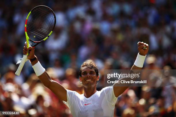 Rafael Nadal of Spain celebrates match point against Alex De Minaur of Australia during their Men's Singles third round match on day six of the...