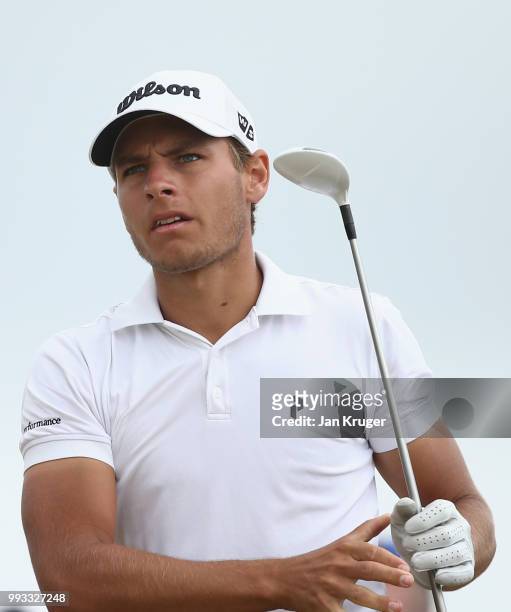 Joakim Lagergren of Sweden hits his tee-shot on the ninth hole during the third round of the Dubai Duty Free Irish Open at Ballyliffin Golf Club on...