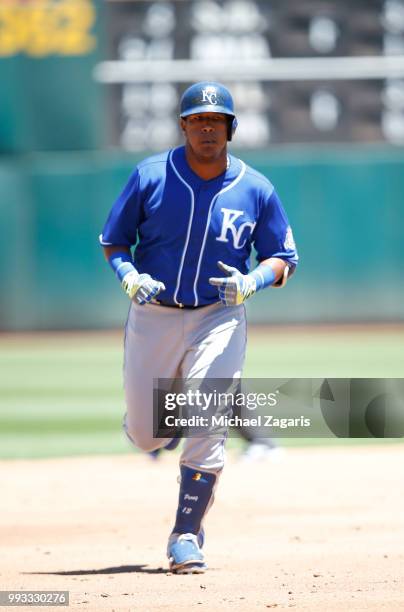 Salvador Perez of the Kansas City Royals runs the bases after hitting a home run during the game against the Oakland Athletics at the Oakland Alameda...