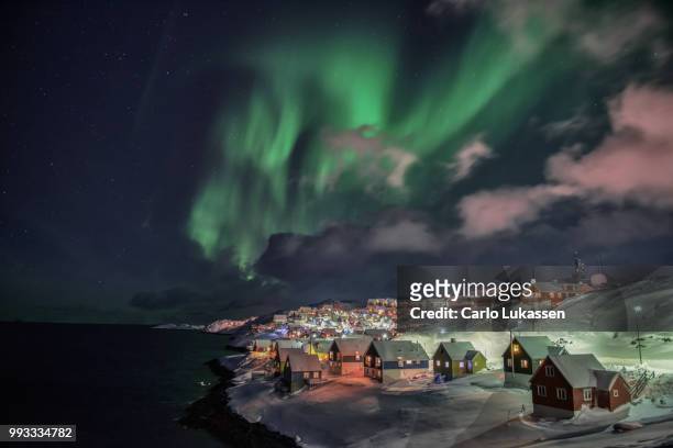 winter night in nuuk - nuuk greenland stock pictures, royalty-free photos & images