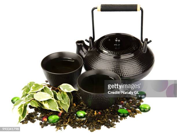 tea set on white background - white tea stock pictures, royalty-free photos & images