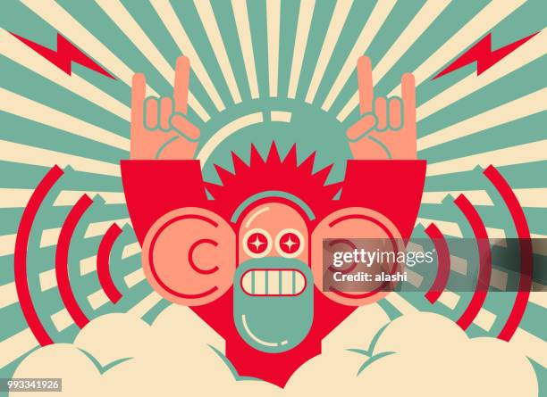 retro cool man showing horn sign and listening with big ear - dj cartoons stock illustrations