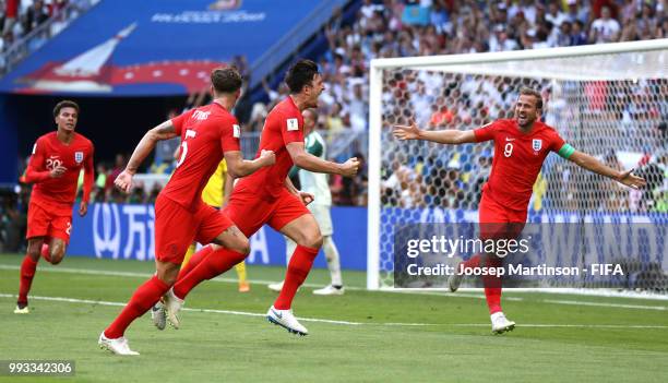 Harry Maguire of England celebrates with teammates after scoring his team's first goal during the 2018 FIFA World Cup Russia Quarter Final match...