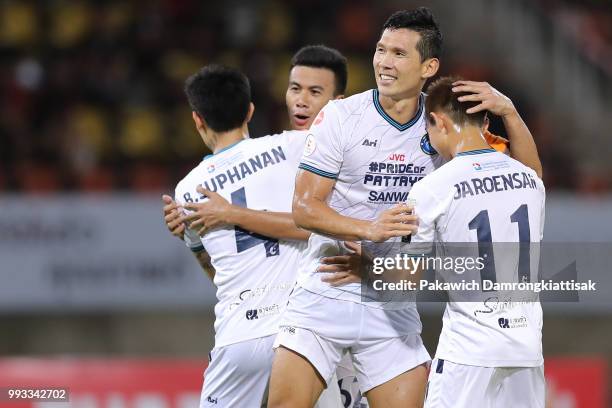 Wonyoung Lee of Pattaya United celebrates his side's victory with his team mates during the Thai League 1 match between True Bangkok United and...