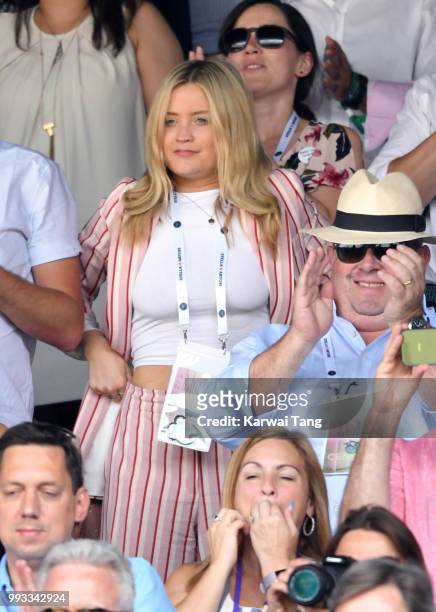 Laura Whitmore attends day six of the Wimbledon Tennis Championships at the All England Lawn Tennis and Croquet Club on July 7, 2018 in London,...