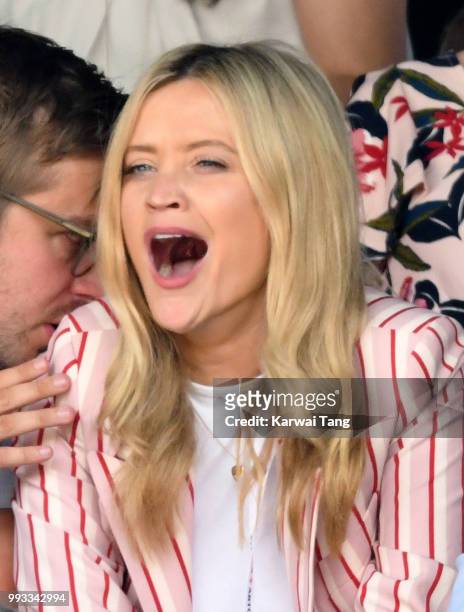 Laura Whitmore attends day six of the Wimbledon Tennis Championships at the All England Lawn Tennis and Croquet Club on July 7, 2018 in London,...