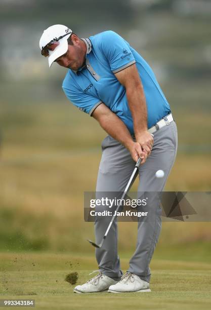 Ryan Fox of New Zealand plays his second shot on the tenth hole during the third round of the Dubai Duty Free Irish Open at Ballyliffin Golf Club on...