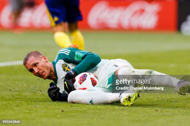 Goalkeeper Robin Olsen of Sweden makes a save during the 2018 FIFA World Cup Russia Quarter Final match between Sweden and England at Samara Arena on...