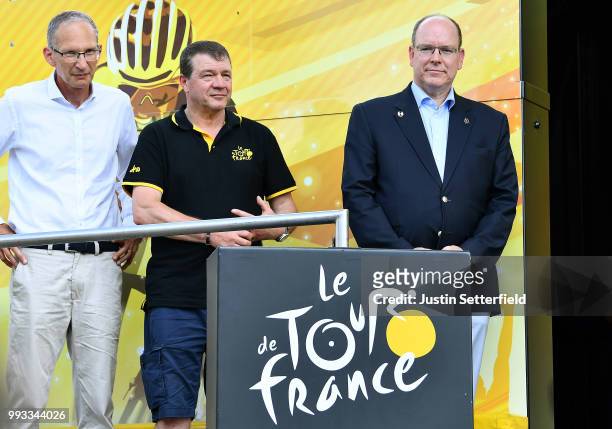 Podium / Albert II Prince of Monaco / during the 105th Tour de France 2018, Stage 1 a 201km from Noirmoutier-En-L'ile to Fontenay-le-Comte on July 7,...