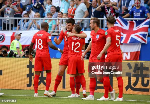 Harry Maguire of England celebrates his goal with Ashley Young, Kieran Trippier, Harry Kane during the 2018 FIFA World Cup Russia Quarter Final match...