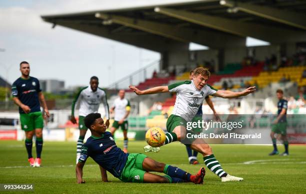 Dublin , Ireland - 7 July 2018; James Forrest of Celtic in action against Eric Abulu of Shamrock Rovers during the friendly match between Shamrock...