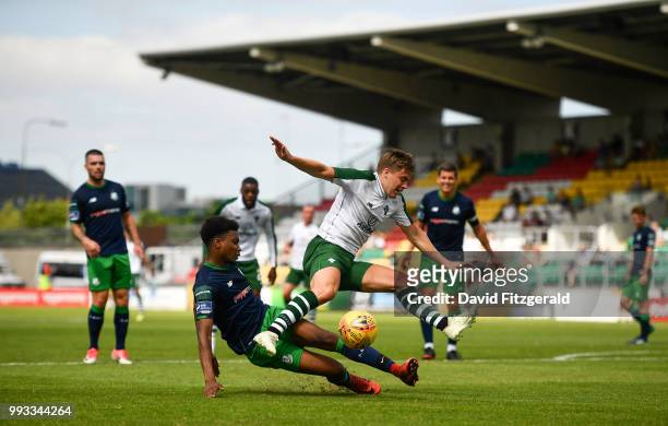 Dublin , Ireland - 7 July 2018; James Forrest of Celtic in action against Eric Abulu of Shamrock Rovers during the friendly match between Shamrock...