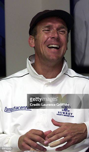 Alec Stewart of Surrey faces the press after being cleared by the ICC of match fixing allegations during the C&G One Day Trophy match between...