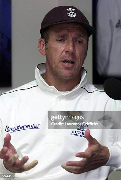 Alec Stewart of Surrey faces the press after being cleared by the ICC of match fixing allegations during the C&G One Day Trophy match between...