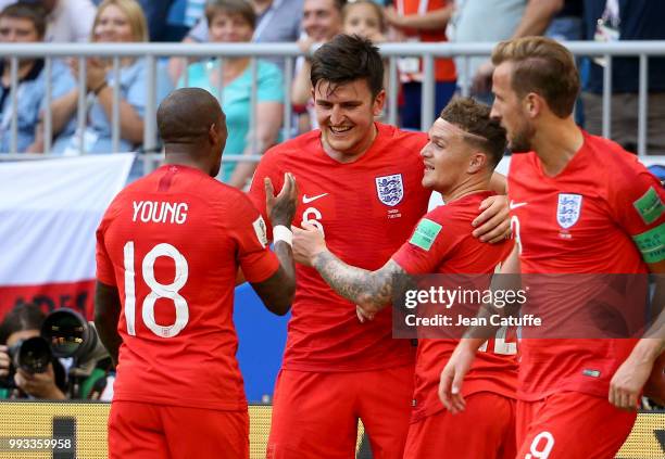 Harry Maguire of England celebrates his goal with Ashley Young, Kieran Trippier, Harry Kane during the 2018 FIFA World Cup Russia Quarter Final match...