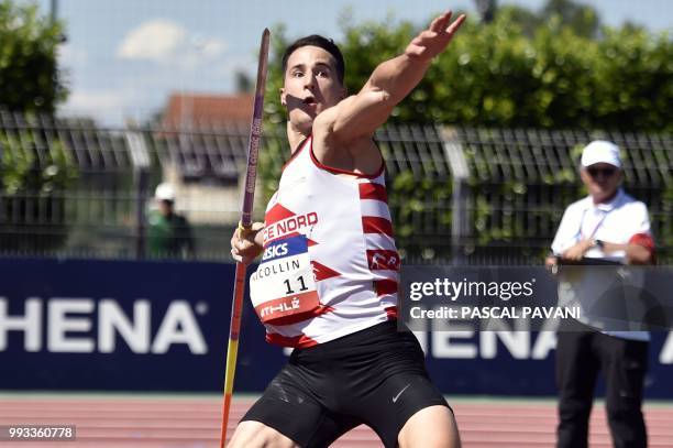 France's Jeremy Nicollin competes in the men's final javelin competition during the Elite Athletics French Championships in Albi, southwestern...