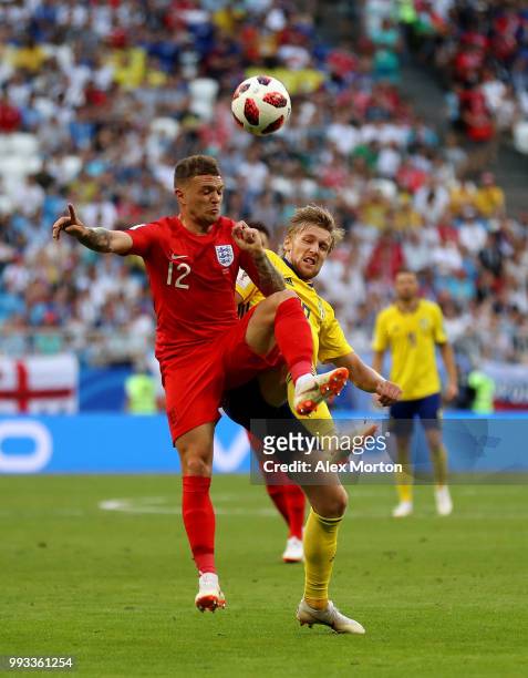 Kieran Trippier of England battles for possession with Emil Forsberg of Sweden during the 2018 FIFA World Cup Russia Quarter Final match between...