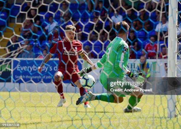 Alberto Moreno of Liverpool comes close to scoring during the Pre-season friendly between Chester FC and Liverpool on July 7, 2018 in Chester, United...