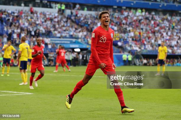 Dele Alli of England celebrates after scoring his team's second goal during the 2018 FIFA World Cup Russia Quarter Final match between Sweden and...