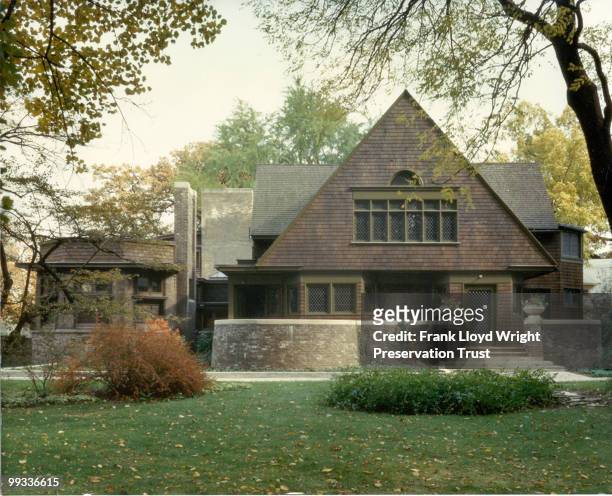 West facade of home showcasing its natural landscape, at the Frank Lloyd Wright Home and Studio, located at 951 Chicago Avenue, Oak Park, Illinois,...