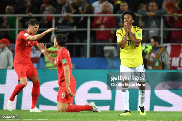 Juan Cuadrado of Colombia reacts during the 2018 FIFA World Cup Russia Round of 16 match between Colombia and England at Spartak Stadium on July 3,...