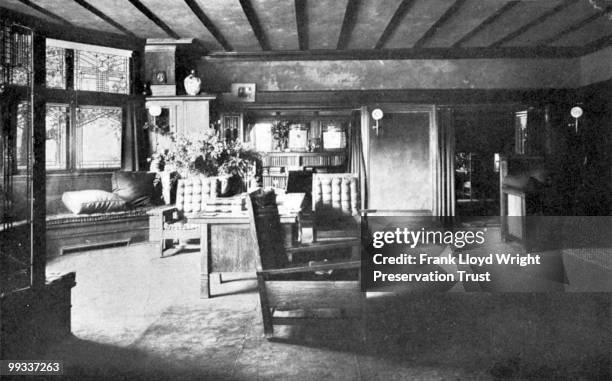 Bradley house living room looking east, Wright-designed furniture in foreground, Kankakee, Illinois, ca. 1902.