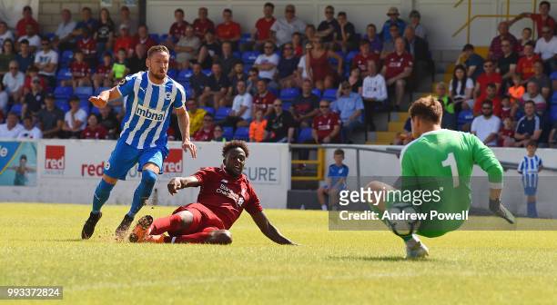 Divock Origi of Liverpool has his shot saved by Grant Shenton of Chester FC during the Pre-season friendly between Chester FC and Liverpool on July...