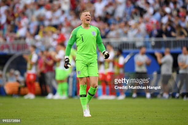Jordan Pickford of England celebrates after teammate Dele Alli scores their team's second goal during the 2018 FIFA World Cup Russia Quarter Final...