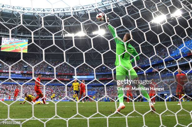 Jordan Pickford of England makes a save during the 2018 FIFA World Cup Russia Quarter Final match between Sweden and England at Samara Arena on July...