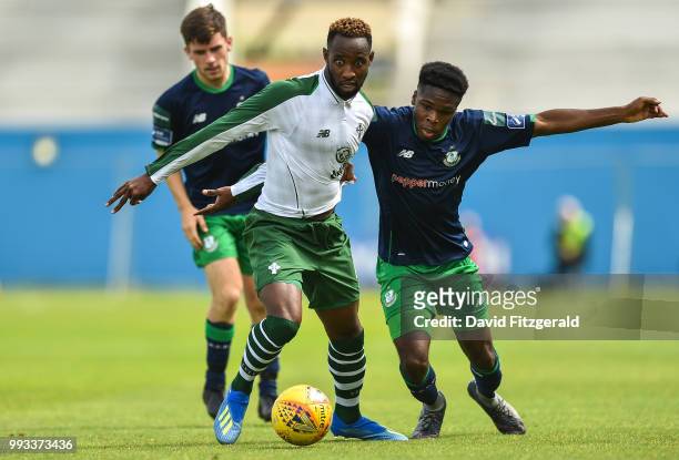 Dublin , Ireland - 7 July 2018; Moussa Dembele of Celtic in action against Thomas Oluwya of Shamrock Rovers during the friendly match between...