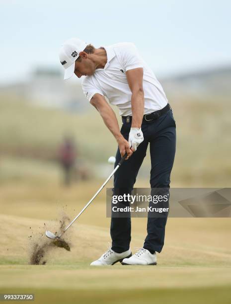 Joakim Lagergren of Sweden plays his second shot on the 16th hole during the third round of the Dubai Duty Free Irish Open at Ballyliffin Golf Club...