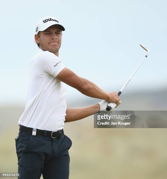 Joakim Lagergren of Sweden plays his second shot on the 16th hole during the third round of the Dubai Duty Free Irish Open at Ballyliffin Golf Club...