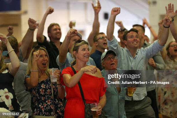 Racegoers celebrate Englands second goal against Sweden in the FIFA World Cup quarter final during Coral Eclipse day at Sandown Park Racecourse,...