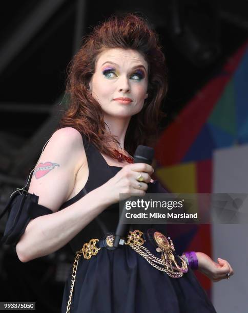 Sophie Ellis-Bextor performs on the Trafalgar Square Stage during Pride In London on July 7, 2018 in London, England. It is estimated over 1 million...