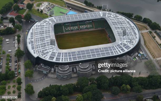 June 2018, Germany, Bremen: Aerial view of the Weser-Stadium, the home turf of Bundesliga club Werder Bremen. Photo: Carmen Jaspersen/dpa