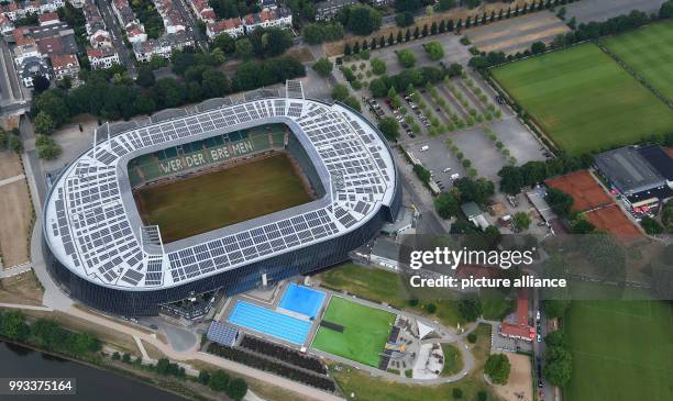 June 2018, Germany, Bremen: Aerial view of the Weser-Stadium, the home turf of Bundesliga club Werder Bremen. Photo: Carmen Jaspersen/dpa