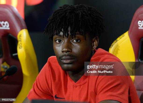 New signing William Bianda during the press conference at the AS Roma Training Centre on July 07, 2018 in Rome, Italy.