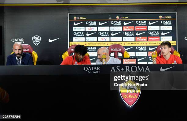 Sport Director Ramon Rodriguez Verdejo Monchi, William Bianda and Ante Coric of AS Roma during the press conference at the AS Roma Training Centre on...