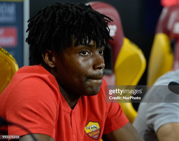 New signing William Bianda during the press conference at the AS Roma Training Centre on July 07, 2018 in Rome, Italy.