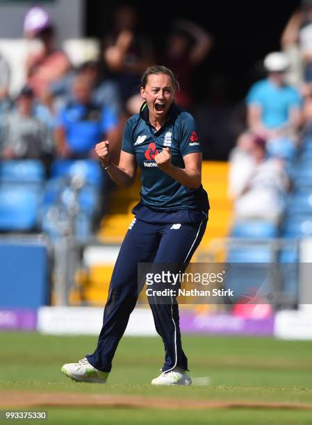 Laura Marsh of England celebrates getting a wicket during the 1st ODI ICC Women's Championship match between England Women and New Zealand at...